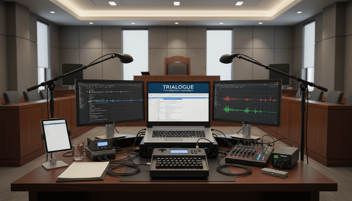 Courtroom scene showing audio and technology equipment neatly set up for a court reporter.