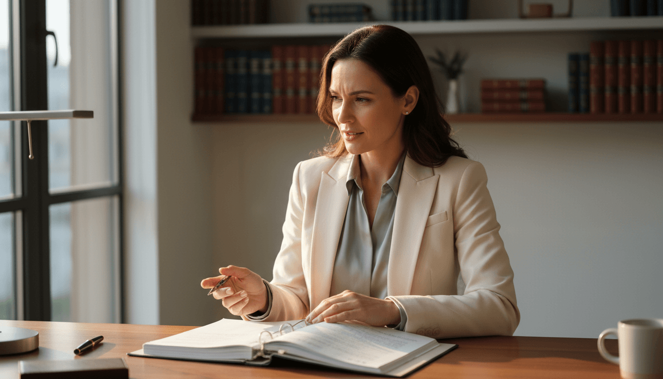 Court reporter reviewing case materials with professional confidence