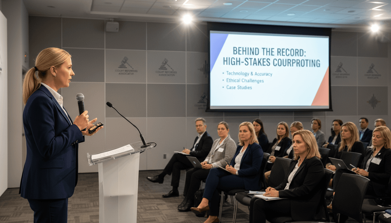 Professional woman presenting on courtroom reporting at a seminar