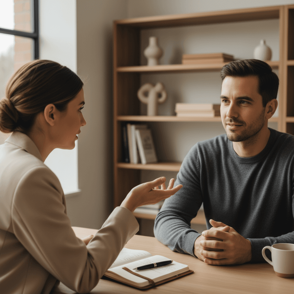Confidence coaching session between court reporting professional and coach