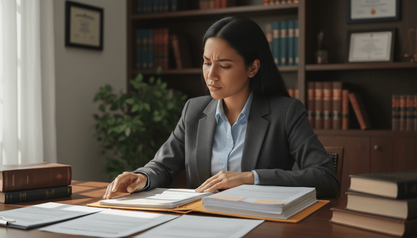 Court reporter reviewing documents with confidence