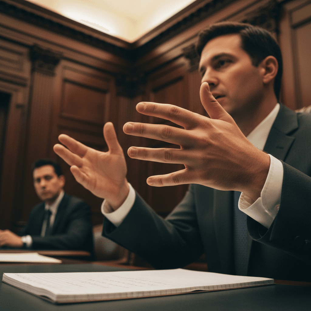 Court reporter's hands on stenotype machine during courtroom proceedings