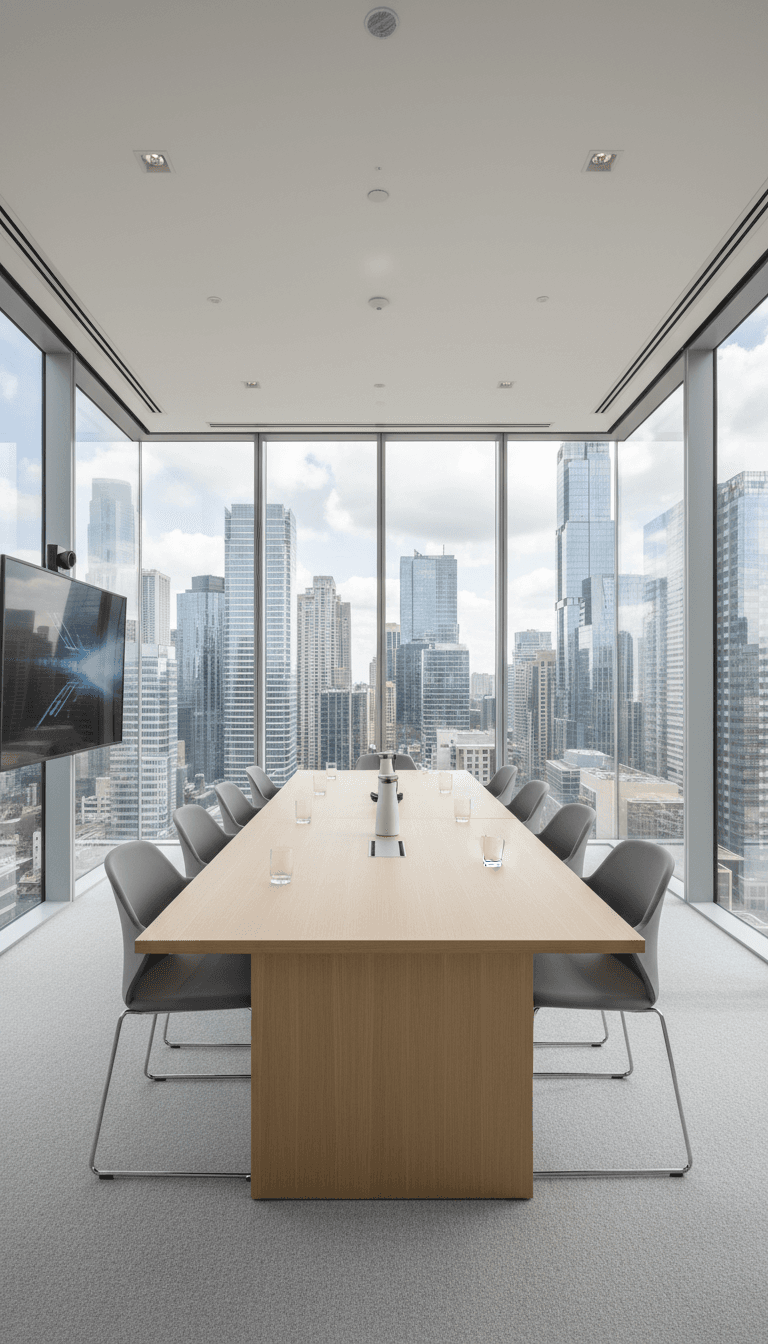 Modern glass-walled conference room with wooden table, natural light, and urban city view through windows