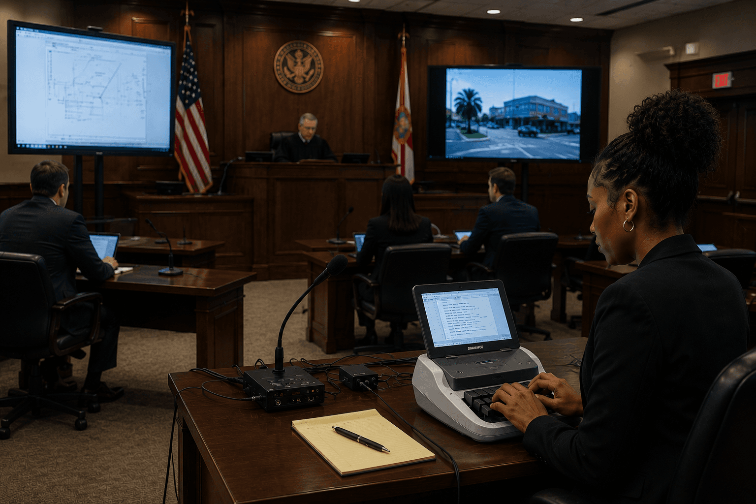 Court reporter using a stenotype machine in a courtroom with digital evidence on large monitors.