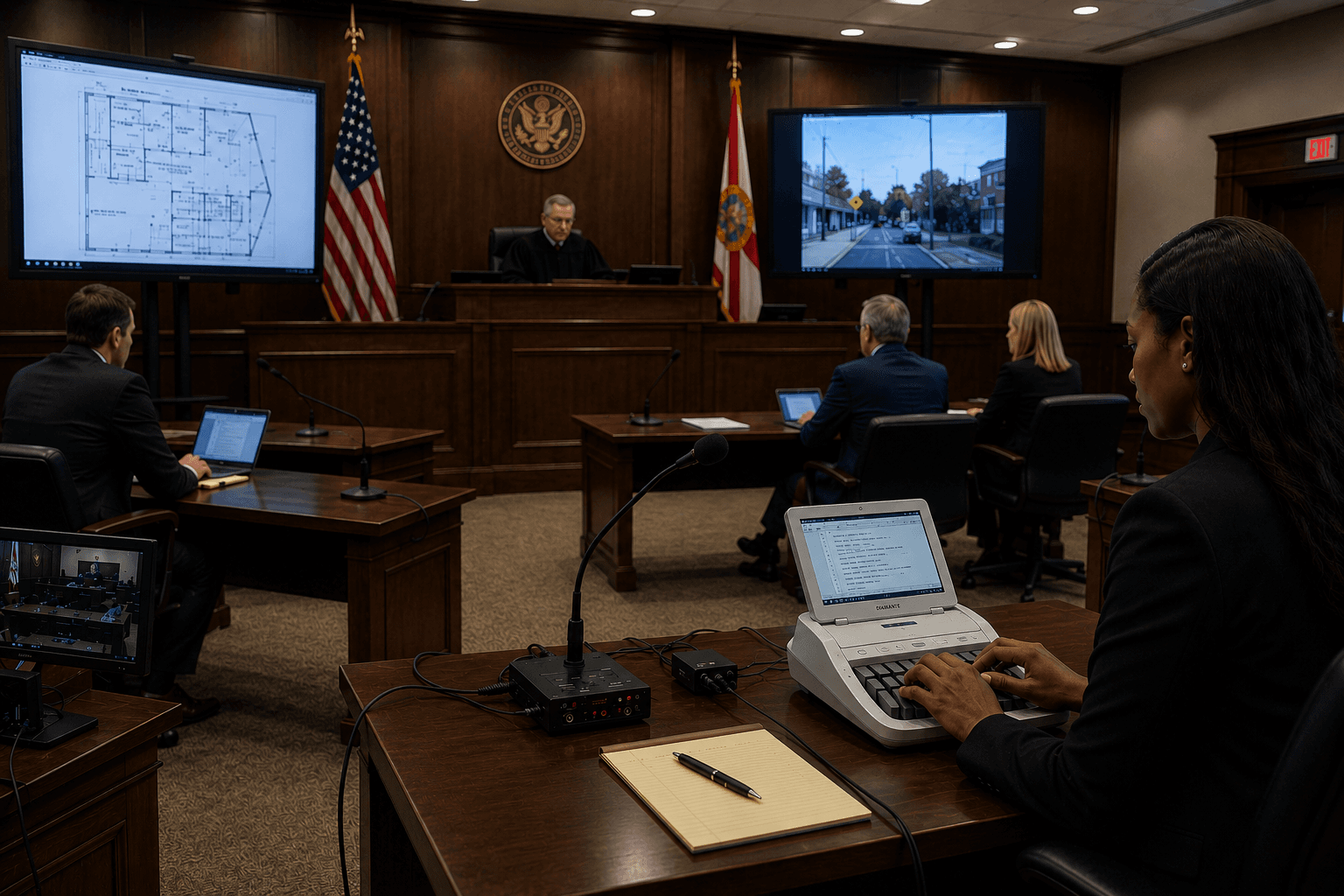 Court reporter typing on a stenotype machine in a courtroom with digital evidence screens.