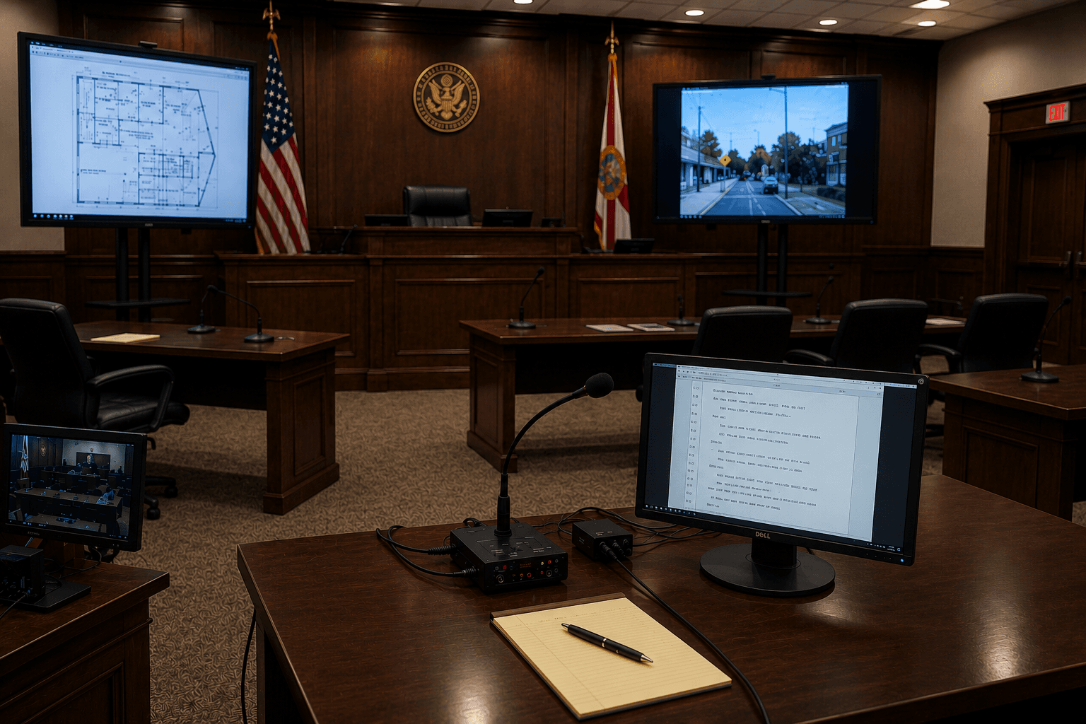 A wood-paneled courtroom featuring digital evidence monitors, microphones, and American and Florida state flags.