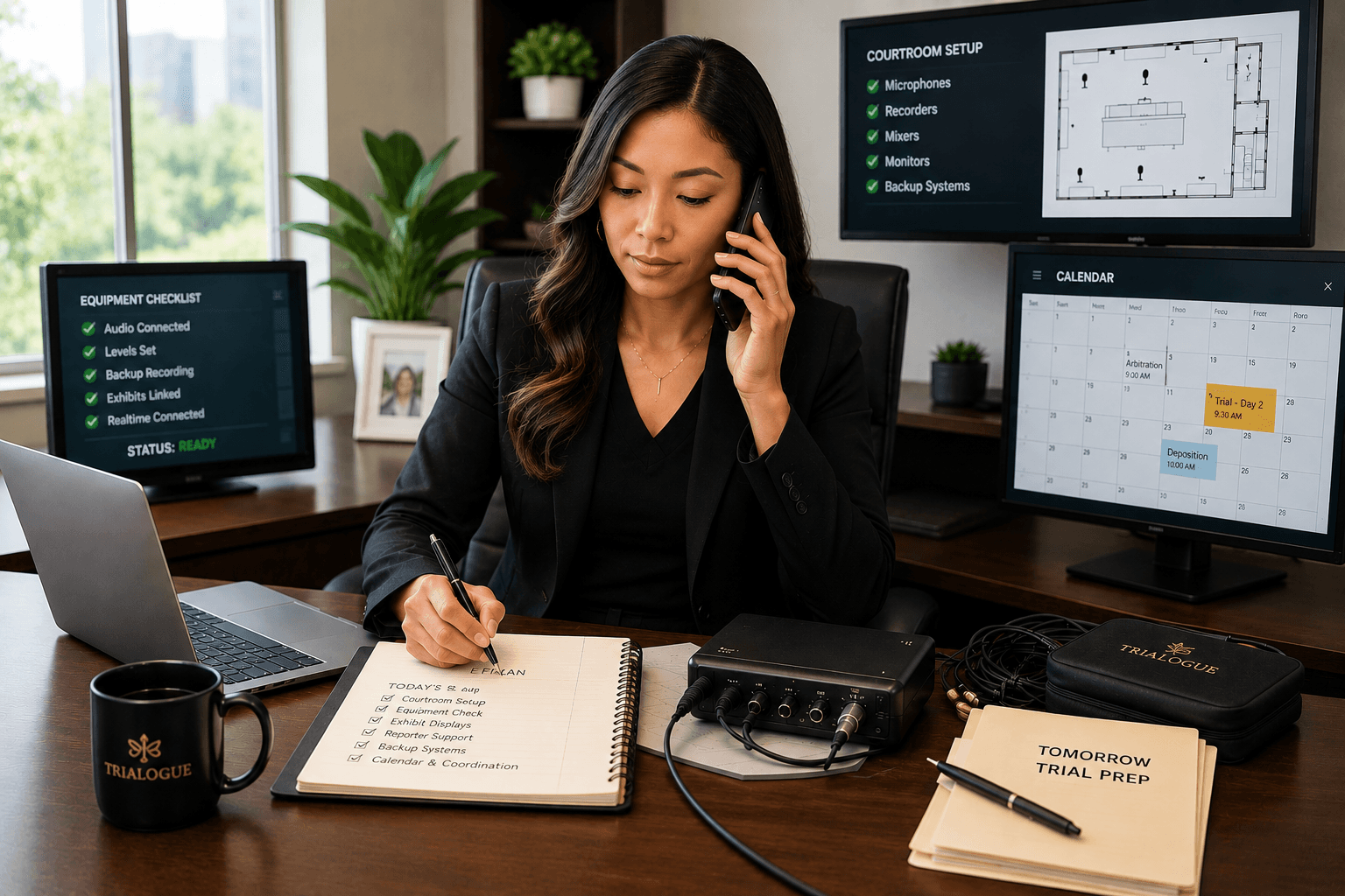Professional woman on a phone call writing notes at a desk with multiple trial checklists.